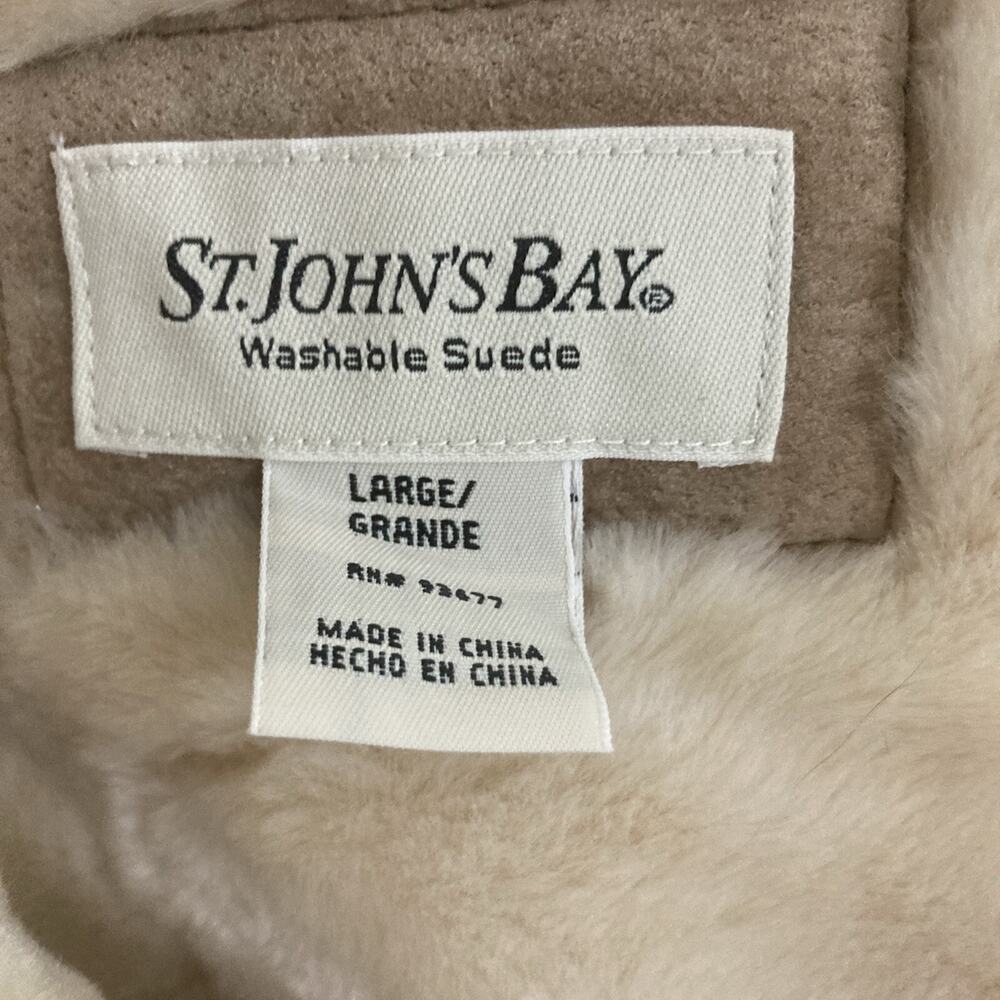 St John’s Bay Tan Washable Suede Leather Faux Fur Coat Size Large Hood Outerwear - Picture 3 of 6
